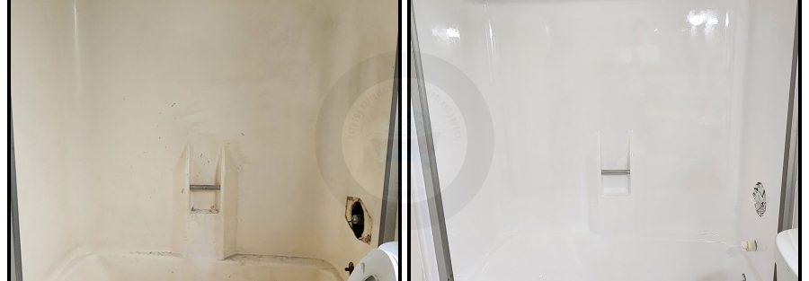 Fiberglass tub shower reglazed in Azusa, CA.
